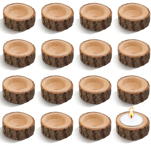 16 Stück Teelichthalter Holz, Rund Vintage Kerzenständer Klein Kerzenhalter für Tischdeko Hochzeiten Heimdekoration Geburtstage Warteschlange Tisch Deko