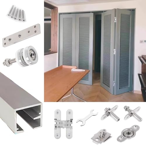 Schiebetür Schiene Falttürbeschlag-Set 78 136 183 300 cm, Robuste Schiebetürschiene für Doppeltüren, Verdecktes Hängeschienensystem für Speisekammer(49inch/124.5cm)