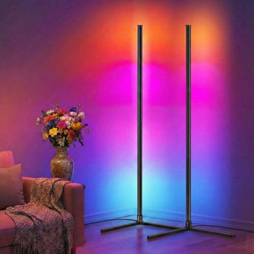 2er Set RGB Stehlampe Dimmbar, 125cm Höhenverstellbar LED Stehleuchte mit App/Fernbedienung, RGBIC Corner Lamp Musik Sync, Abnehmbares Design für Schlafzimmer Wohnzimmer Gaming Deko, Schwarz