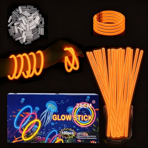 YAAVAAW Knicklichter Kinder Party Set,100 Stück Orange Leuchtstäbe Kinder+100 Verbinder,Schwarzlicht Deko Brillen&Armreifen Für Halloween,Weihnachten, Geburtstage,Hochzeit,Neon Leuchtstäbe Party Set