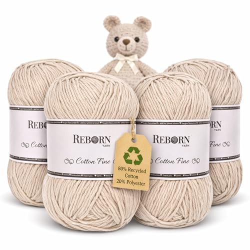 REBORN YARN Häkelgarn Cotton Fine – 684 | Sand | 80 % recycelte Baumwolle, 20 % Polyester, ca. 170 m je 100 g – ideal für Amigurumi