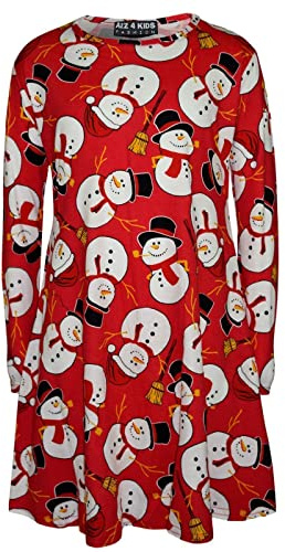 A2Z 4 Kids Girls Christmas Snowman Skater Dress Long Sleeve 1-13Y | Soft Stretch Festive Outfit for Xmas Parties and Winter Wear