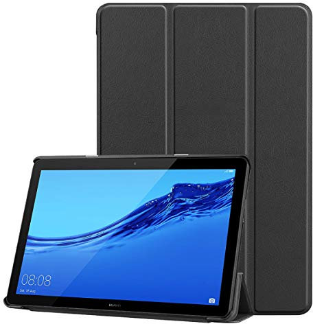 SATURCASE Case for Huawei MediaPad T5 10.1, PU Leather Flip Foldable Folio Stand Slim Light Weight Protective Tablet Cover (Black)