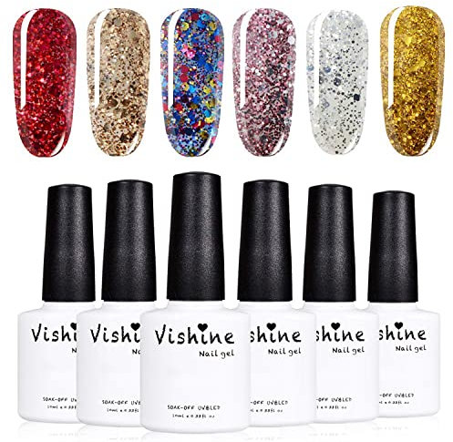 Vishine Gel Nail Polish Set 6 Colors - Stunning Glitter Collection Nail Art Gift Box, Soak Off UV LED Gel Polish Starter Kit