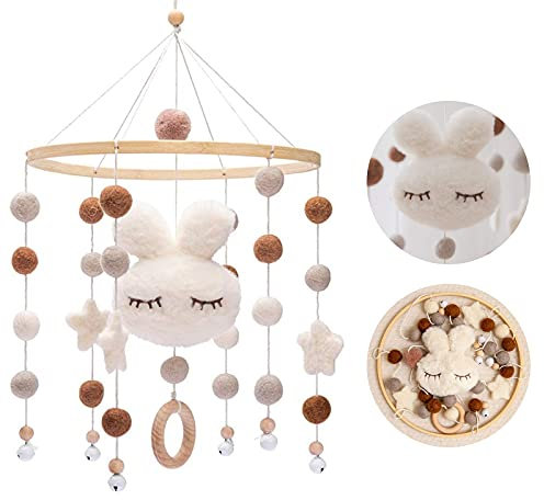 Promise Babe Mobile Baby Kaninchen Holz mit Filzbällen Kinderzimmer Hängende Bettglocke Hase Filz Gehäkelt Mobile Windspiel für Babybett Kinderbett Wickeltisch Babyzimmer Deko Geschenke Weiß Rabbit