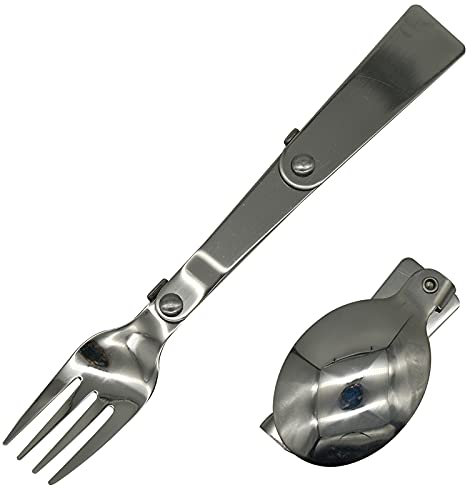 Maydahui 2 PCS Folding Spoon and Fork SUS 18/10(304)Stainless Steel Spork Portable Camping Cutlery Multi-Functional Foldable Fruit Forks for Outdoors Picnic Thermos Travel Tableware