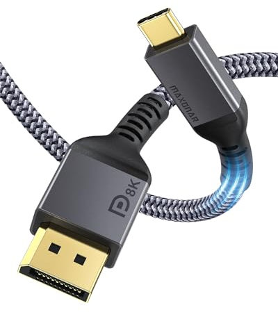 Maxonar Câble USB C vers DisplayPort 8K @ 60Hz 4K @ 60Hz/144Hz/120Hz 5K @ 60Hz 2K @ 240Hz Thunderbolt 3 vers DisplayPort Câble Type C DP 1.4 Adaptateur pour MacBook Pro, Mac mini, Dell XPS 1,2 m Gris