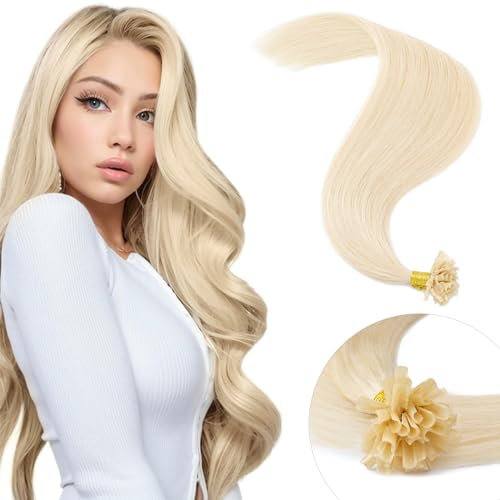 Elailite U Tip Hair Extensions Real Human Hair 100 Strands - Pre Bonded Keratin Nail Tip Extension - 100% Remy Hair Straight (#60 Platinum Blonde, 20-50g)