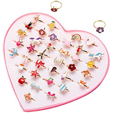 TFSYLISA 36 Stück Kinderringe Mädchen,Einstellbare Ringe Kinder mit Herzform Vitrine,Prinzessin Schmuck Set Für Kinder Geburtstag Party Favors