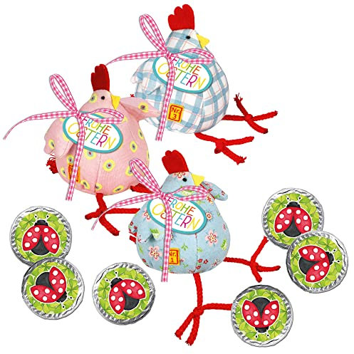 STEINBECK Ostern Geschenk-Set 3 Stoff-Hühner mit 6 Schokoladen-Talern