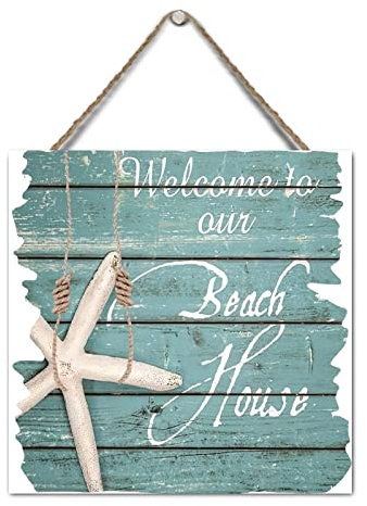Panneau en bois « Welcome to Our Beach House » personnalisé en bois à suspendre au mur, coquillage côtier étoile de mer rustique, panneau en bois à suspendre, style vintage, 30,5 x 30,5 cm