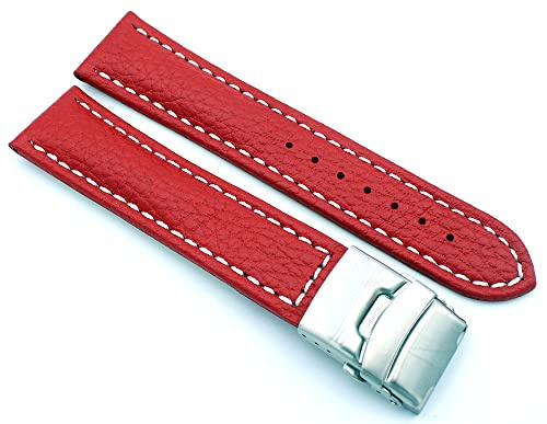 Sulla Watch strap genuine leather strap with stainless steel folding clasp, white stitching, 18mm, red