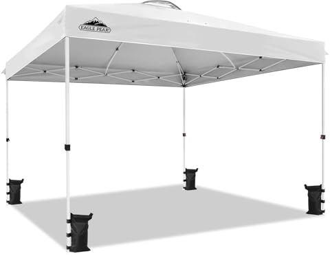 EAGLE PEAK Aufstellbarer Pavillon mit rollbarer Tragetasche, 8 Erdheringen, 4 Seilen, 4 Gewichtsacken, einfach aufzubauen, 3,6x3,6 m, 13 m² Schattenfläche, Weiß