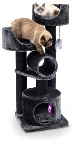 Petrebels Kratzbaum Victoria 125 cm hoch, Design Kratzbaum mit Liegefläche, Spielrolle, Höhle und Dicke Stämme Ø 12 cm, Farbe Schwarz