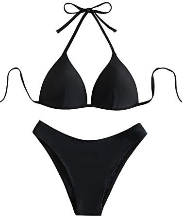 GORGLITTER Damen Push Up Bikini Sets Triangel Bademode Neckholder Swimsuit Zweiteiligwe Badeanzug Schwarz L