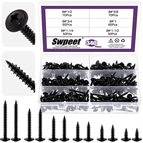 Swpeet 340 PCS 6 tailles n ° 8 x 1/2 , 5/8, 3/4 , 1, 1-1/4 , 1-1/2 Phillips amélioré kit de combinaison de vis à bois trass Head, acier au phosphore noir auto