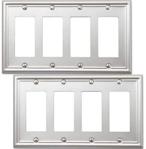 OKAWYC Quadruple Decorator Metal Wall Plate, Brushed Nickel, 4 Gang Quadruple Rocker 2-Pack, for Receptacle Dimmer Switch GFCI Outlet, Switch Cover Decorative Wallplate, Durable