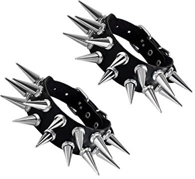 Manfnee Nero Punk Rock Gotico 2Pz Bracciale con Punta Spike Polsino Uomo Donna Pelle PU Retro vintage Accessorio per Motociclista Regolabile