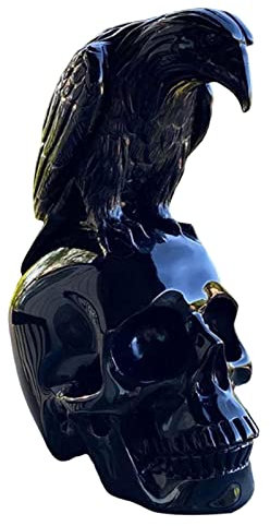 LINGJIONG Raben-Statue, Schädelkopf Skulptur Krähe Halloween Dekoration, Schwarze Krähe, die auf einem makabren Schädel sitzt, dekorative Figur, kreative Blumenschädel-Desktop-Verzierung