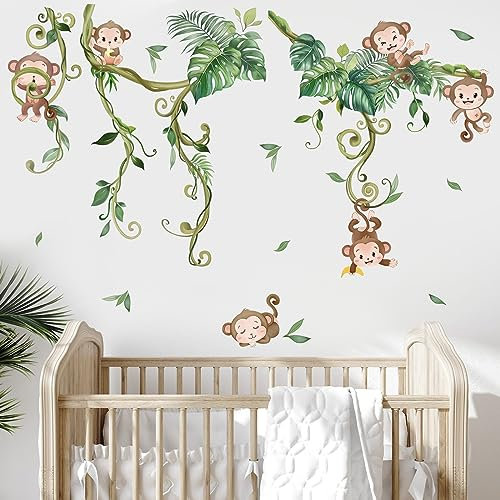 wondever Wandtattoo Affen Reben Dschungel Wandaufkleber Tiere Dschungel Tropische Blätter Wandsticker Wanddeko für Kinderzimmer Babyzimmer Schlafzimmer