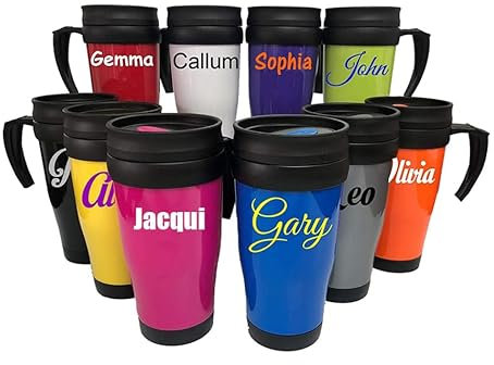 Personalised Custom Travel Mug Drink Bottle with Screw Lid and Slide Sipper and handle - Any Name, Word, Business, Sports, School, Promotional Merchandise Teacher Gift
