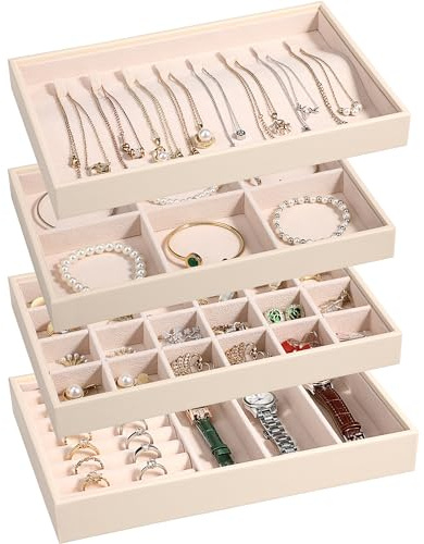 LANDICI 4-Piece Stackable PU Leather Jewelry Organizer Trays, Apricot