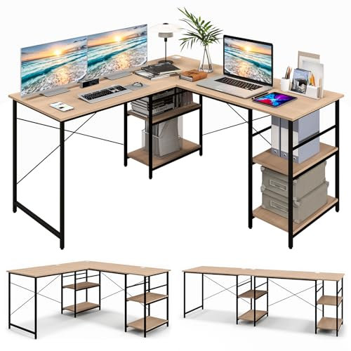 GIANTEX L-förmiger Eckschreibtisch, umwandelbarer Computertisch mit 4 Ablagen und 3 Kabellöchern, 2 Personen Spieltisch und Schreibtisch für Home Office (Natur)