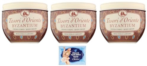3er-Pack Tesori d’Oriente Crema Corpo Byzantium,Körpercreme Schwarze Rose und Labdanum,300ml + 1er-Pack Kostenlos Felce Azzurra Talkumpuder, 100g-Beutel