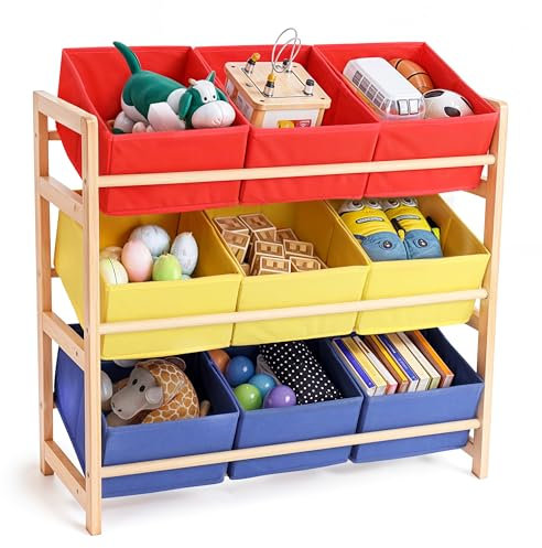BELLE VOUS 3-Tier Toy Storage Unit - Multipurpose Storage Organiser for Kids Toy Storage - Kids Bedroom Furniture Toy Shelf with Removable Fabric Bins