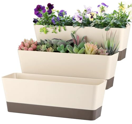 Sanbege Window Box Planter with Tray, 12 Rectangle Plant Pot, Pack of 3 (Beige)