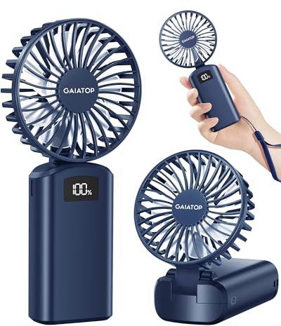Gaiatop Portable Handheld Fan, 180°Foldable for Desk, 6.5H Max Lasting, 3 Speed Setting, Small and Lightweight, USB Rechargeable Battery with Digital Display for Office Indoor Outdoor Makeup Navy Blue