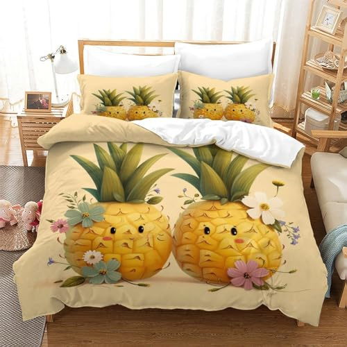 FSYQQASD 3D Gedruckter Betten Set Ananas Bettwäsche Set 3 Teilig Microfaser Qualität Reißveschluss Tropische Früchte Bettbezug-Set Mit Kissenbezug,Weiche Bequemer Single（140x200cm）