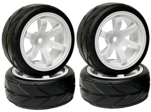 KINGCOO RC Auto Reifen und Räder Set, 4Stück 64mm Gummireifen und 6 Speichen Felgen Kunststoff Rad 12mm Hex für 1/10 RC On-Road Run-Flating Touring Racing Auto (Weiß)