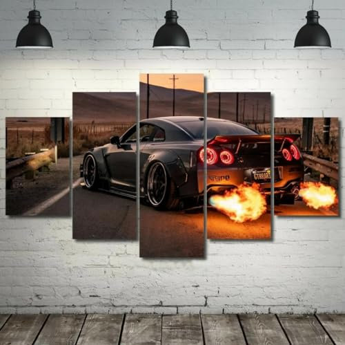 AZBESCZ 5 Teilige Kunstdruck Leinwandbilder 5 Teiliges Wandbild GT-R R35 Auto Feuer Kunstdruck Auf Leinwand Leinwandbilder Wohnzimmer Schlafzimmer Wandbilder Wohnzimmer Modern