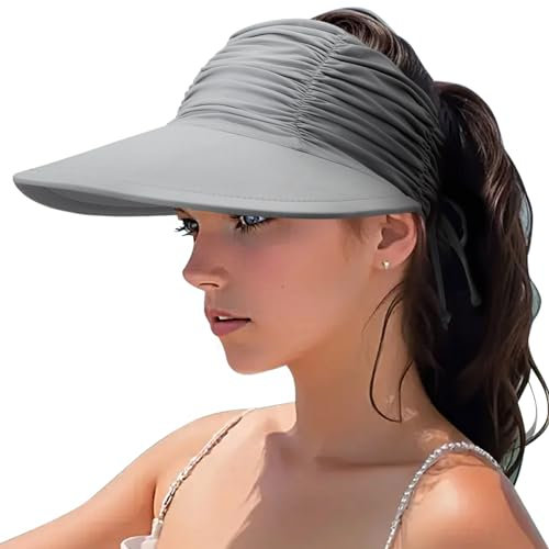 DRESHOW Women's Visor Sun Hat Wide Brim UPF 50+ Adjustable Foldable Ponytail Beach Hat Summer UV Protection Outdoor Cap Grey