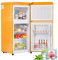 Merax Kühlschrank mit Gefrierfach, Kühl-Gefrierkombination, 60 Liter Doppeltür Kühlschrank, mit 22L Gefrierschrank, 45dB, LED, Glasablagen, Gemüsefach, Türablagen, für Küche, Wohnzimmer, Büro, Gelb