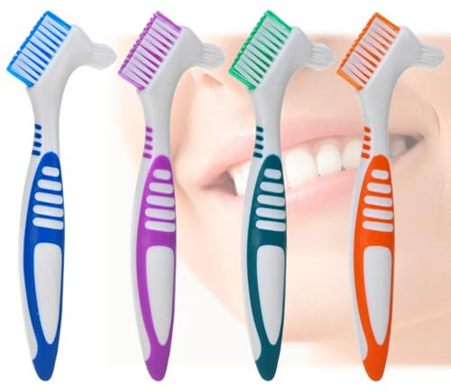 4 Pièces Brosse à Prothèses Dure, Brosses de Nettoyage pour Prothèse Dentaire, Brosse à Dents Dentier Portable avec 2 Gratte Langue pour Soins de la Denture, Nettoyage des Fausses Dents