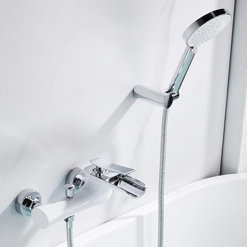 Generisch Badewanne Armatur Duscharmatur Wandmontage Weiß + Chrom Wasserfall Badewannenarmatur mit Handbrause und Brauseschlauch