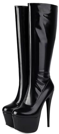 HIKKWXVN Stivali Alti Fino al Ginocchio con Punta Tonda e Plateau in Vernice da Donna, con Tacco Alto 15 cm, Stiletti, alla Moda, Autunno Inverno, Stivali a metà Polpaccio,Black 2,44 EU
