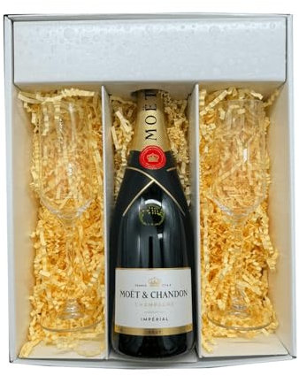 Coffret Blanc : Moët & Chandon – Champagne – Impérial Brut et 2 Flûtes « carr頻 – (1x75cl)