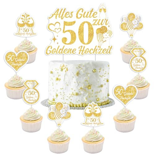 Jollyboom Goldene Hochzeit Deko Torte, Alles Gute Zum 50 Hochzeitstag Kuchen Deko Tortendeko Tortenaufsatz Cupcake Topper Gold für 50 Jahre Hochzeit Jubiläum Geburtstag Deko