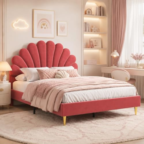 JiaOyu Kinderbett Polsterbett 140x200 cm, Bettgestell für Mädchen mit geblümtem Kopfteil und Lattenrost, Samt Doppelbett muschelartiges Bett mit goldenen Eisenbeinen, ohne Matratze (Rotwein)