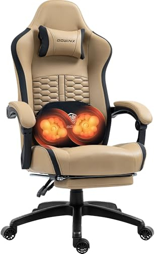 Dowinx Gaming Chair with Heated Massage Lumbar Support, Ergonomic Gaming Computer Chair with Pocket Spring Cushion and Footrest, Recliner High Back PC Chair for Adult, 150kg,Brown