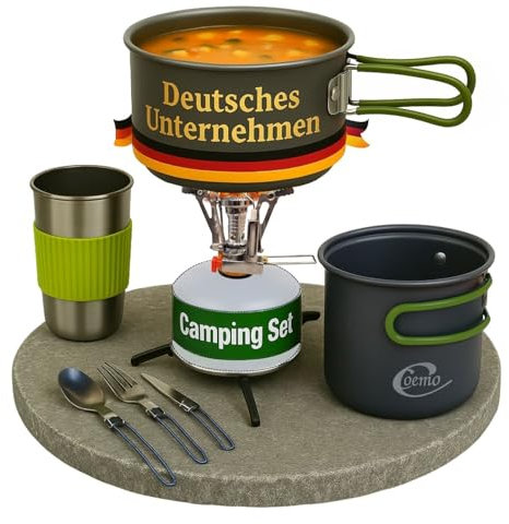 Coemo 7-TLG Outdoor-Camping-Kochgeschirr-Set Grün, Campingkocher, Topf- & Pfannen-Set mit Rucksackkocher, Edelstahlbecher, Messer, Gabel und Löffel für Rucksackreisen, Camping, Wandern und Picknick