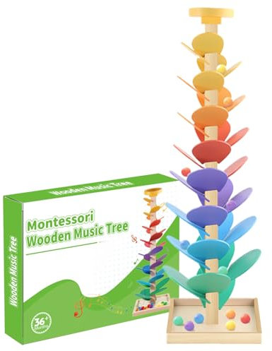 Ruwshuuk Kleinkind Kugelbahn,Regenbogen Musikbaum Mit Bauklötzen | Holzblätter & Rollbahn Farben & Sortieren Lernen 3-7 Jahre Kinderzimmer Wohnzimmer Kindergarten