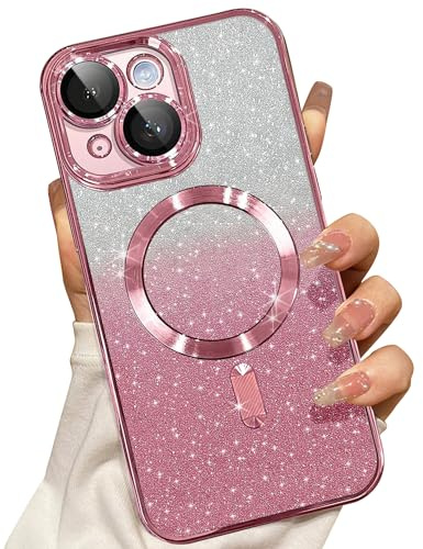 Misscase Magnetisch Hülle Kompatibel für iPhone 14, Glitzer Verlauf Handyhülle Kompatibel mit MagSafe, Stoßfest Anti-Kratzen mit Kamera Objektivschutz Niedliche TPU Schutzhülle-Rosa