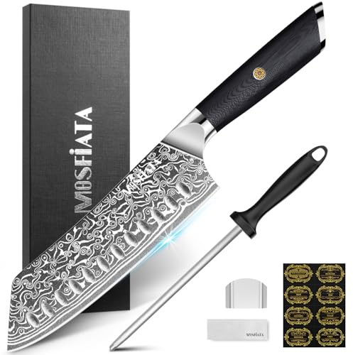MOSFiATA Damast Santoku Messer Küchenmesser Kochmesser mit breiter Klinge | Japanisches Chefmesser Profi Messer mit Kullenschliff aus 67 Schichten Damaststahl mit ergonomischem G10-Griff und Wetzstahl