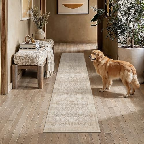 PureCozy Waschbarer Beige LäUfer Flur Teppich 60x240cm Kurzflor rutschfest | Weich Vintage Teppiche,Küchen, Hallway, Retroteppiche, Bettvorleger, Wohnzimmer, Schlafzimmer