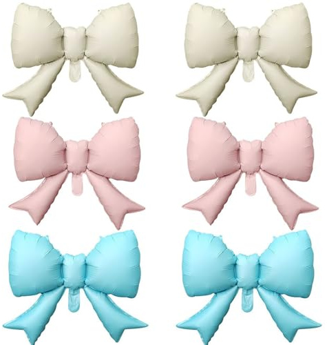 Fesnova Lot de 6 ballons en forme de nœud pour anniversaire, noeud mat, bleu moyen, blanc crème, rose, nœud pour anniversaire d'enfant, fête prénatale, Saint-Valentin, mariage