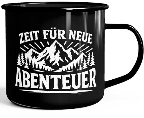 MoonWorks® Emaille-Tasse Spruch Zeit für neue Abenteuer Outdoor Wandern Camping Gadget Becher Geschenk Naturliebhaber Schwarz standard